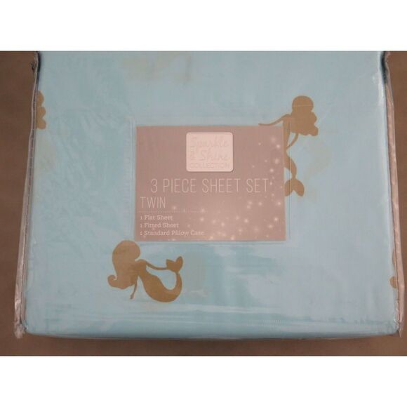 Sparkle & Shine Collection Aqua Blue Glitter Gold Mermaid 3Pc TWIN Sheet Set $68 - Picture 9 of 10